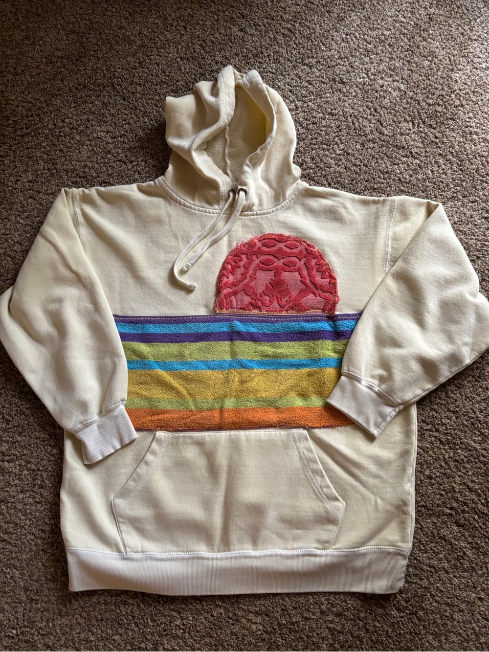 Yellow upcycled hoodie with vintage beach towel appliqué